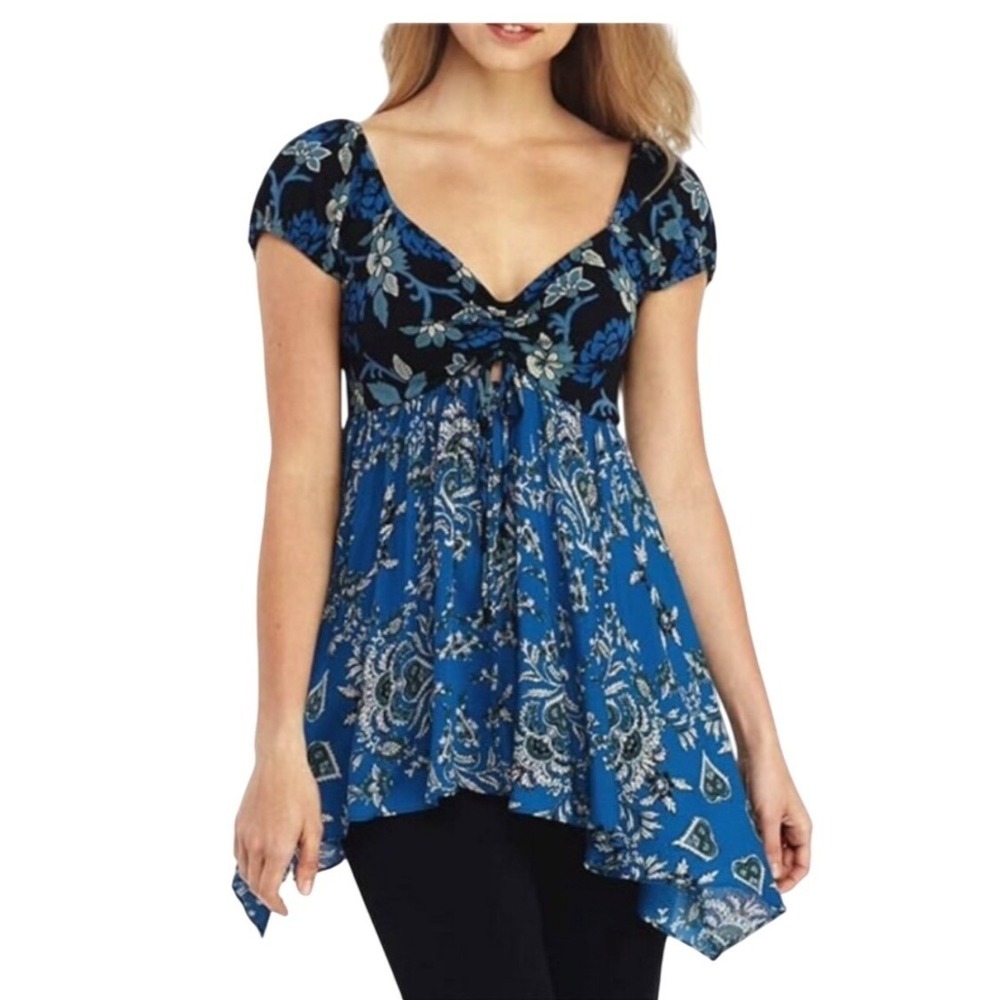 Free People Tunic Women Large Blue Black Floral Paisley Boho Sharkbite OB931387